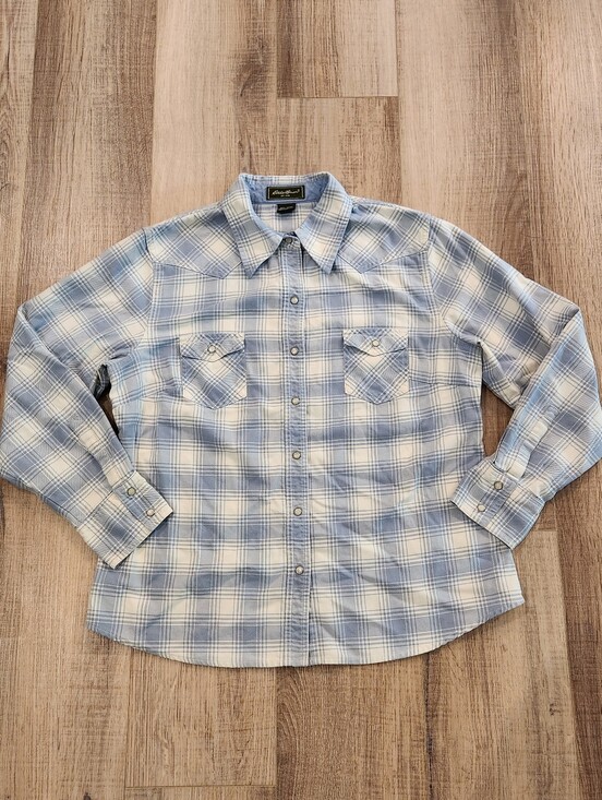 Eddie Bauer Tops - Eddie Bauer Womens Medium Blue Plaid Western Snap Shirt Pearl Snap Cotton